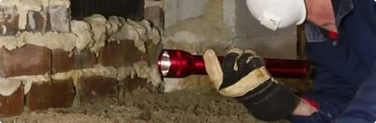 Pest control technician inspecting a crawl space for ant activity in Madison, IL